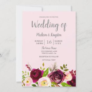Cute Blush Pink Burgundy Red Floral Wedding Invitation