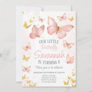 Cute Blush Pink Butterflies 1st Birthday Party Invitation