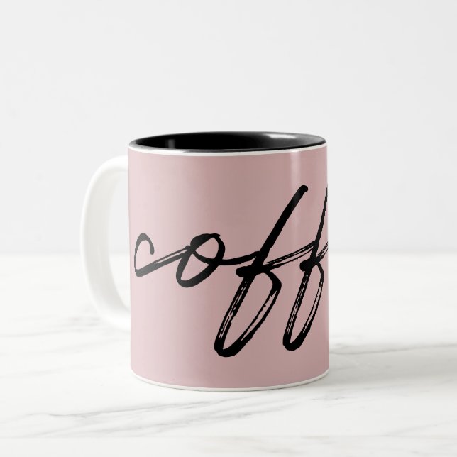 Cute Blush Pink "coffee" Minimalist Script   Two-Tone Coffee Mug (Front Left)