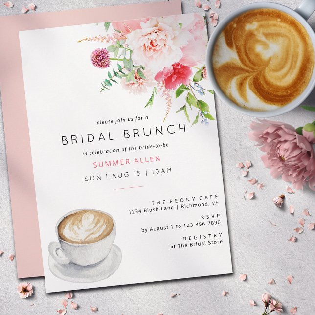Cute Blush Pink Coffee Peony Garden Bridal Brunch Invitation (Creator Uploaded)