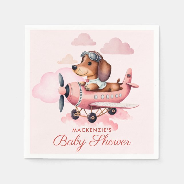  Cute Blush Pink Dachshund Plane Girl Baby Shower  Napkin (Front)