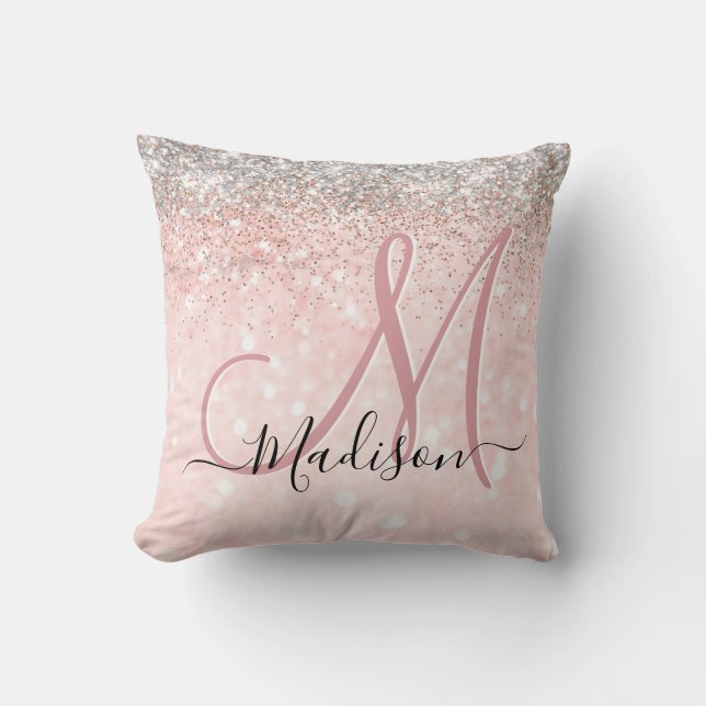 Cute blush pink faux silver glitter monogram cushion (Front)