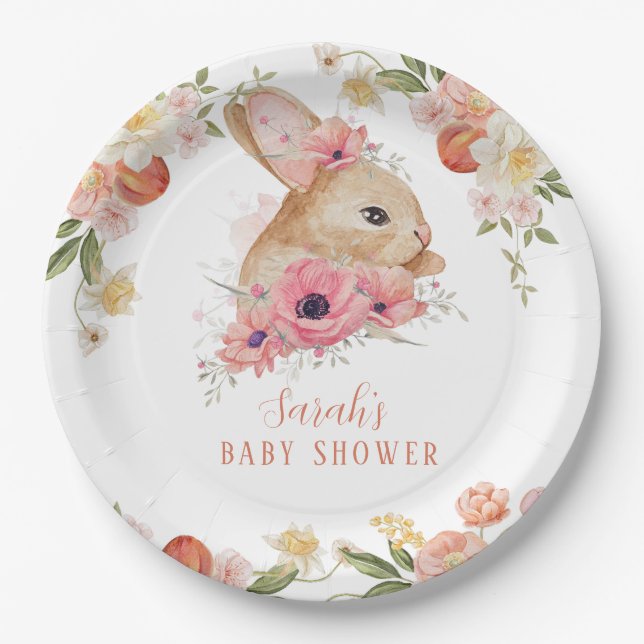 Cute Blush Pink Floral Bunny Baby Shower Paper Pla Plate (Front)