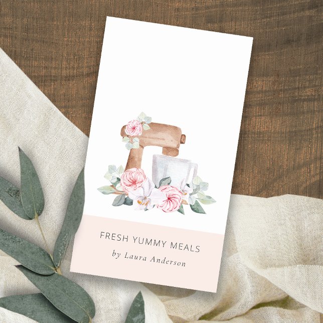 Cute Blush Pink Floral Cake Mixer Bakery Catering Business Card (Creator Uploaded)