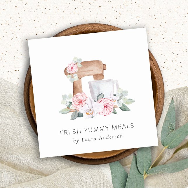 Cute Blush Pink Floral Cake Mixer Bakery Catering  Square Business Card (Creator Uploaded)
