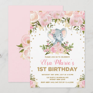 Cute Blush Pink Floral Elephant 1st Birthday Party Invitation