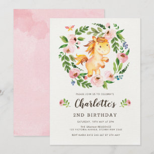 Cute Blush Pink Floral Horse Pony Girl Birthday Invitation