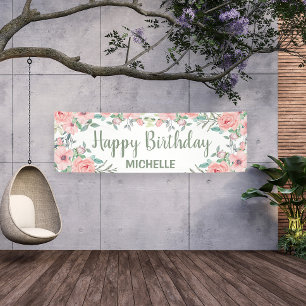 Cute Blush Pink Flowers Happy Birthday  Banner