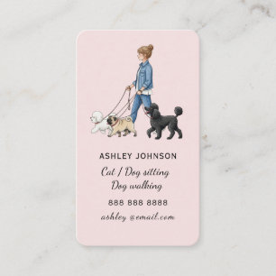 Cute blush pink Girl walking dogs Dog walker  Business Card