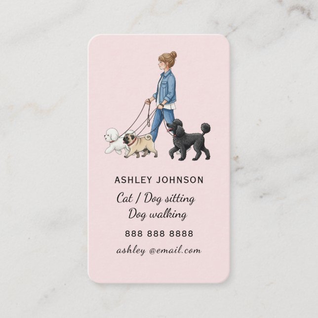 Cute blush pink Girl walking dogs Dog walker  Business Card (Front)