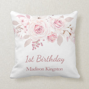Cute Blush Pink Girls 1st Birthday Party Gift Cushion