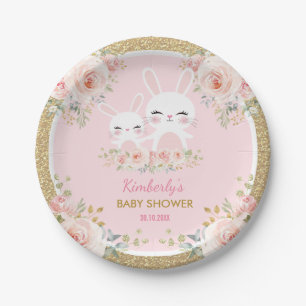 Cute Blush Pink Gold Bunny Rabbit Baby Shower Paper Plate