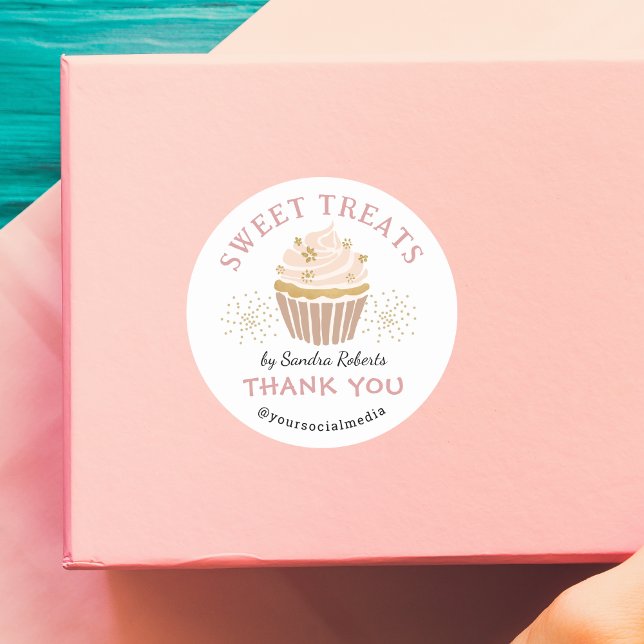 Cute Blush Pink Gold Cupcake Bakery Thank you Classic Round Sticker (Creator Uploaded)
