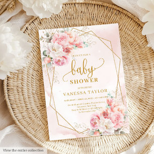 Cute blush pink gold glitter floral baby shower  invitation