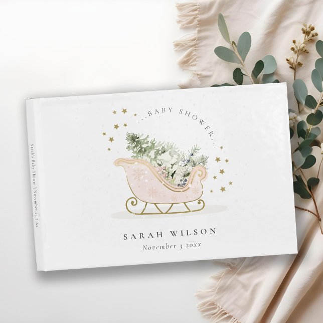 Cute Blush Pink Gold Winter Sleigh Baby Shower Guest Book (Creator Uploaded)