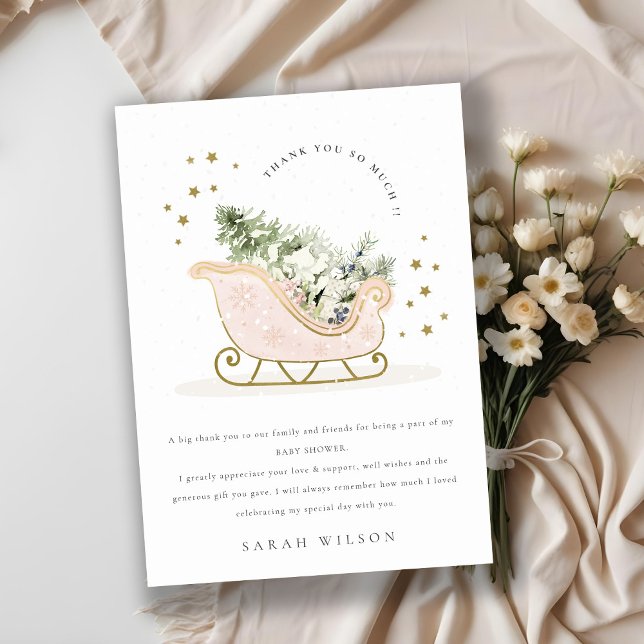 Cute Blush Pink Gold Winter Sleigh Baby Shower Thank You Card (Creator Uploaded)