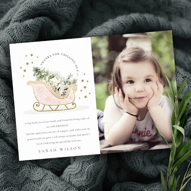 Cute Blush Pink Gold Winter Sleigh Photo Birthday Thank You Card (Creator Uploaded)