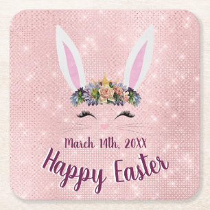 Cute Blush Pink Happy Easter Bunny Square Paper Coaster