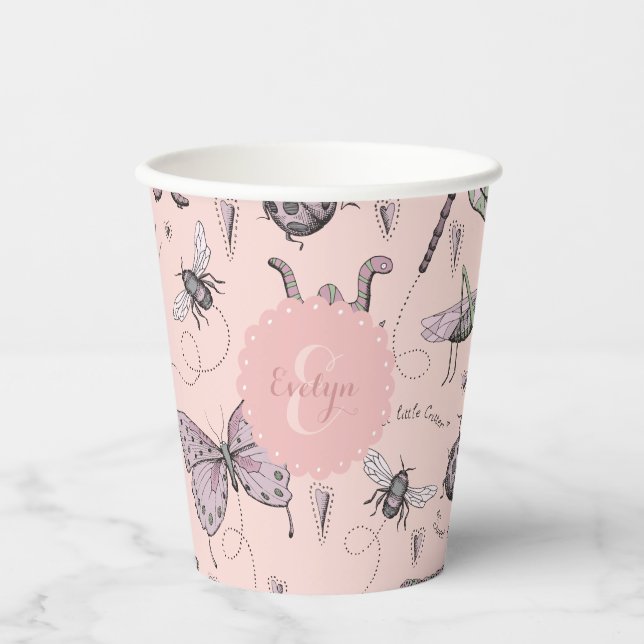 Cute Blush Pink Insects Monogram Paper Cups (Front)
