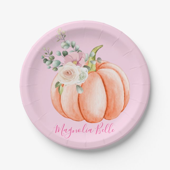 Cute Blush Pink Spring Floral Little Pumpkin Name Paper Plate (Front)
