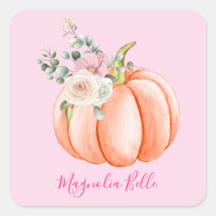 Cute Blush Pink Spring Floral Little Pumpkin Name Square Sticker