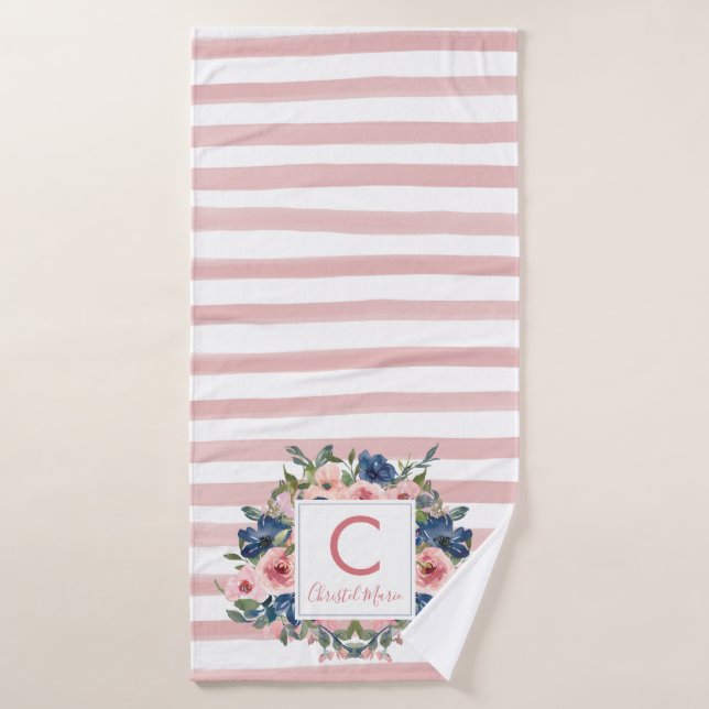 Cute Blush Pink Stripes Navy Blue Floral Monogram Bath Towel Set (Bath Towel)