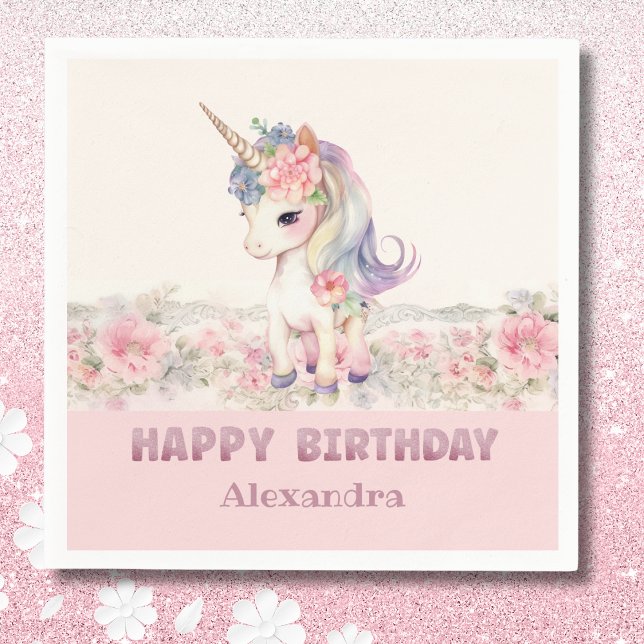 Cute Blush Pink Unicorn Girl's Birthday Napkin (Creator Uploaded)