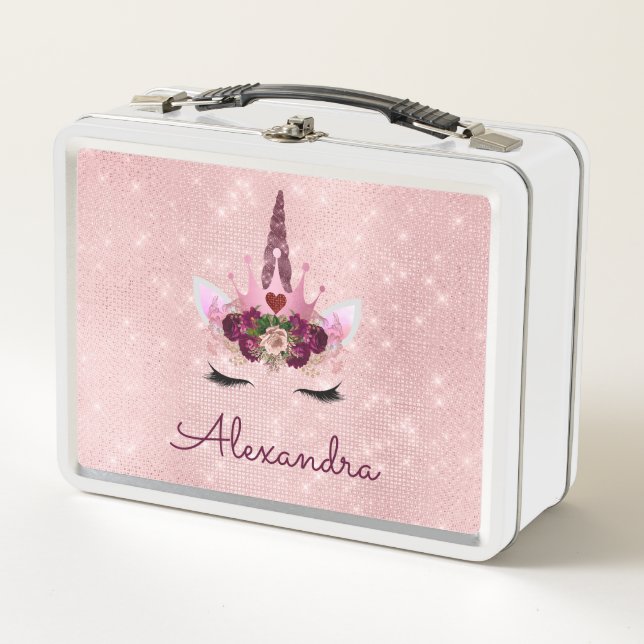 Cute Blush Pink Unicorn Monogram School Metal Lunch Box (Front)