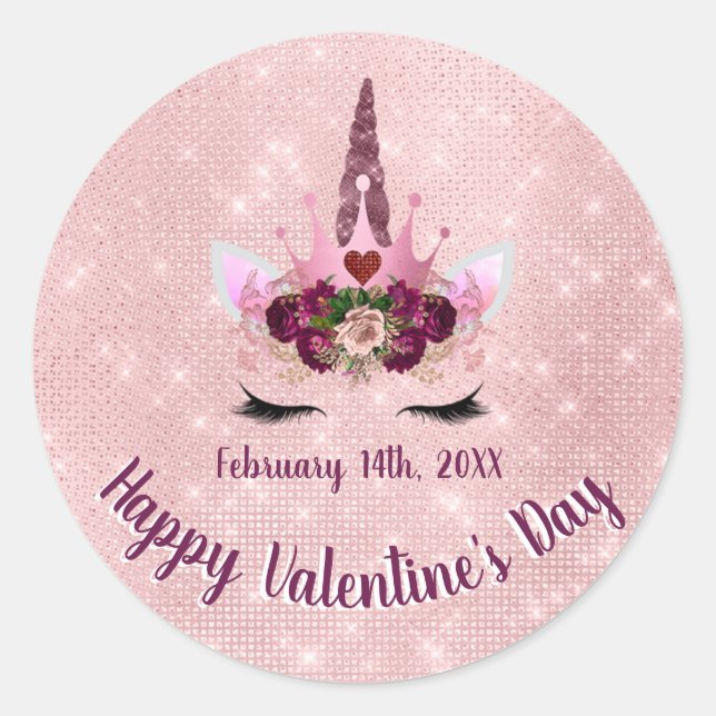 Cute Blush Pink Unicorn Valentine's Day Party Classic Round Sticker (Front)
