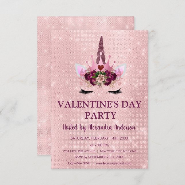 Cute Blush Pink Unicorn Valentine's Day Party Invitation (Front/Back)