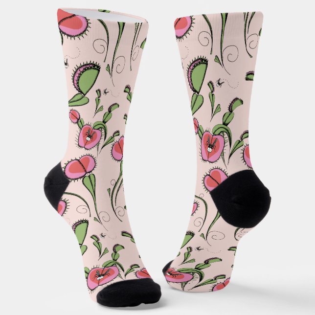 Cute Blush Pink Venus Flytrap Stuck on Your Love Socks (Angled)
