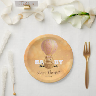 Cute Blush Pink Whimsical Teddy Bear Air Balloon Paper Plate