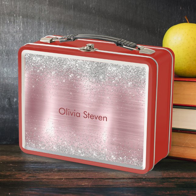 Cute blush silver faux glitter monogram metal lunch box (Creator Uploaded)