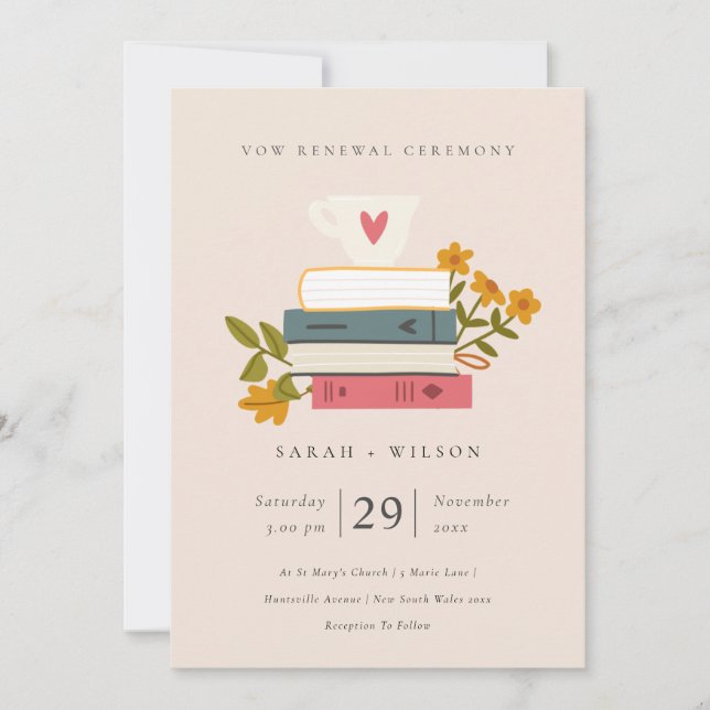 Cute Blush Stacked Books Floral Vow Renewal Invite (Front)
