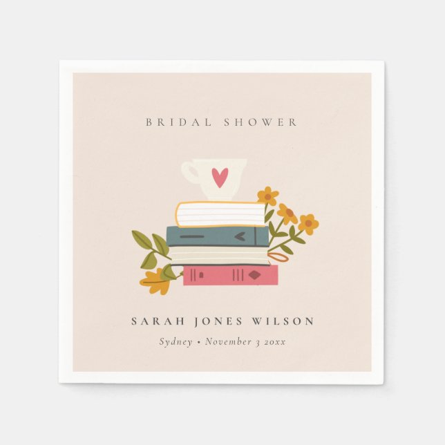 Cute Blush Stacked Storybooks Floral Bridal Shower Napkin (Front)