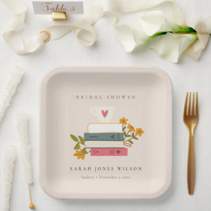 Cute Blush Stacked Storybooks Floral Bridal Shower Paper Plate