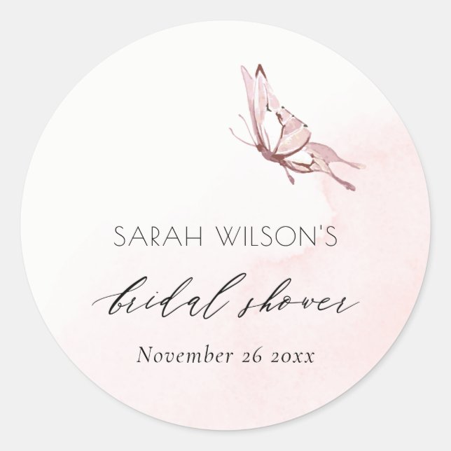 CUTE BLUSH WATERCOLOR BUTTERFLY BRIDAL SHOWER CLASSIC ROUND STICKER (Front)