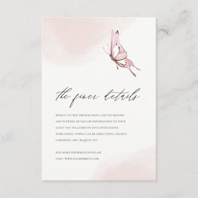 CUTE BLUSH WATERCOLOR BUTTERFLY WEDDING DETAILS  ENCLOSURE CARD (Front)