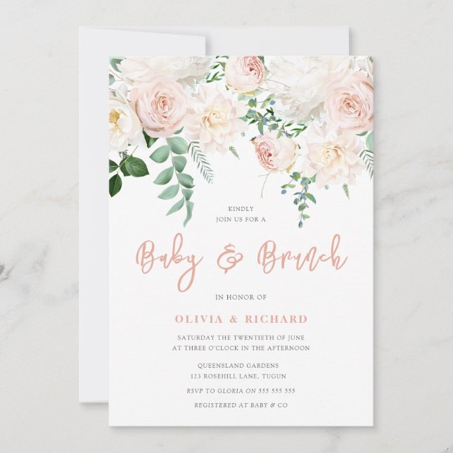 Cute Blush & White Floral Baby Shower Brunch Invitation (Front)