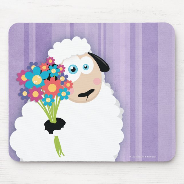 Cute Blushing Sheep Holding Flowers Novelty Mouse Pad (Front)