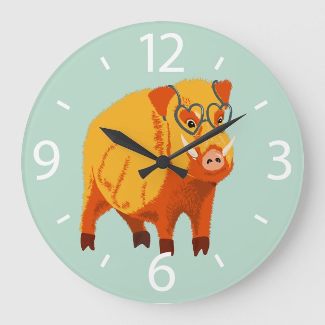 Cute Boar Pig With Glasses Large Clock (Front)
