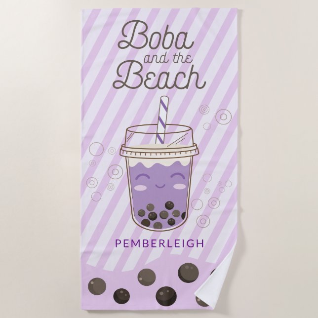 Cute Boba Bubble Tea Purple Stripes Beach Towel (Front)