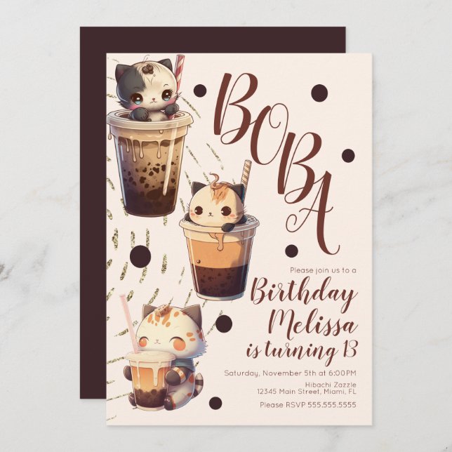 Cute Boba Cat Cartoon Birthday Party Invitation (Front/Back)