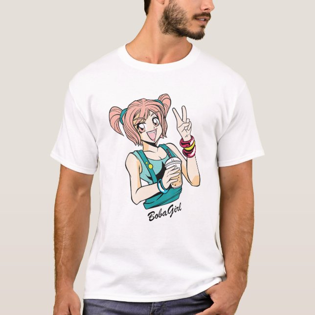 Cute Boba Girl Anime Girl Drinking A Bubble Tea T-Shirt (Front)
