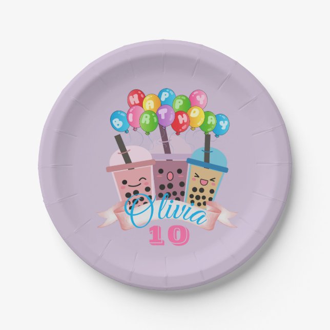 Cute Boba Tea Birthday Celebration Paper Plates (Front)