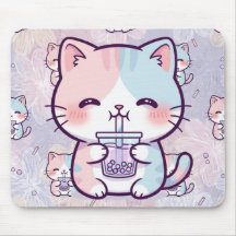 Cute Boba Tea Kitten Mousepad - Aesthetic Pastel 
