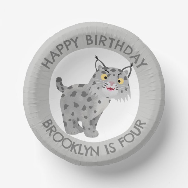 Cute bobcat lynx cartoon personalised birthday paper plate (Front)