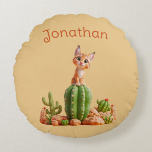 Cute Bobcat on cactus Round Cushion