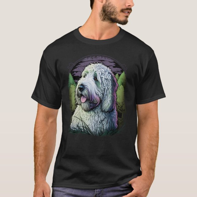 Cute Bobtail Dog on Old English Sheepdog T-Shirt (Front)