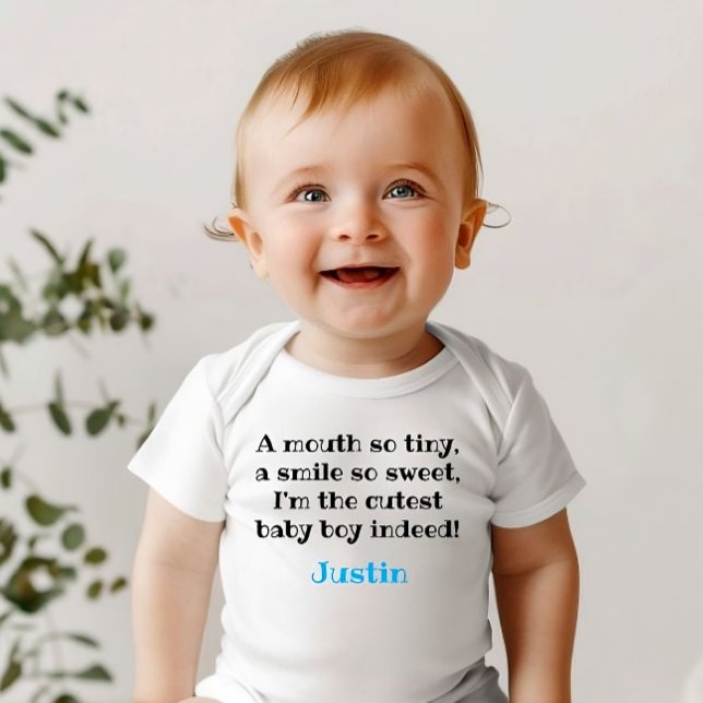 cute bodysuit with baby boy quote and name, (Custom baby boy bodysuit: cutest baby boy indeed)